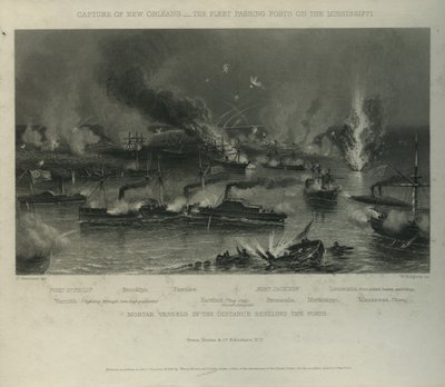 Inname van New Orleans: De vloot passeert forten aan de Mississippi, ca.1862 door Charles Parsons